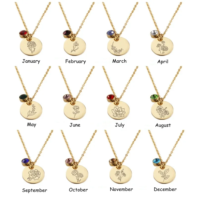 Birth Flower Necklace - Collar con colgante de acero inoxidable