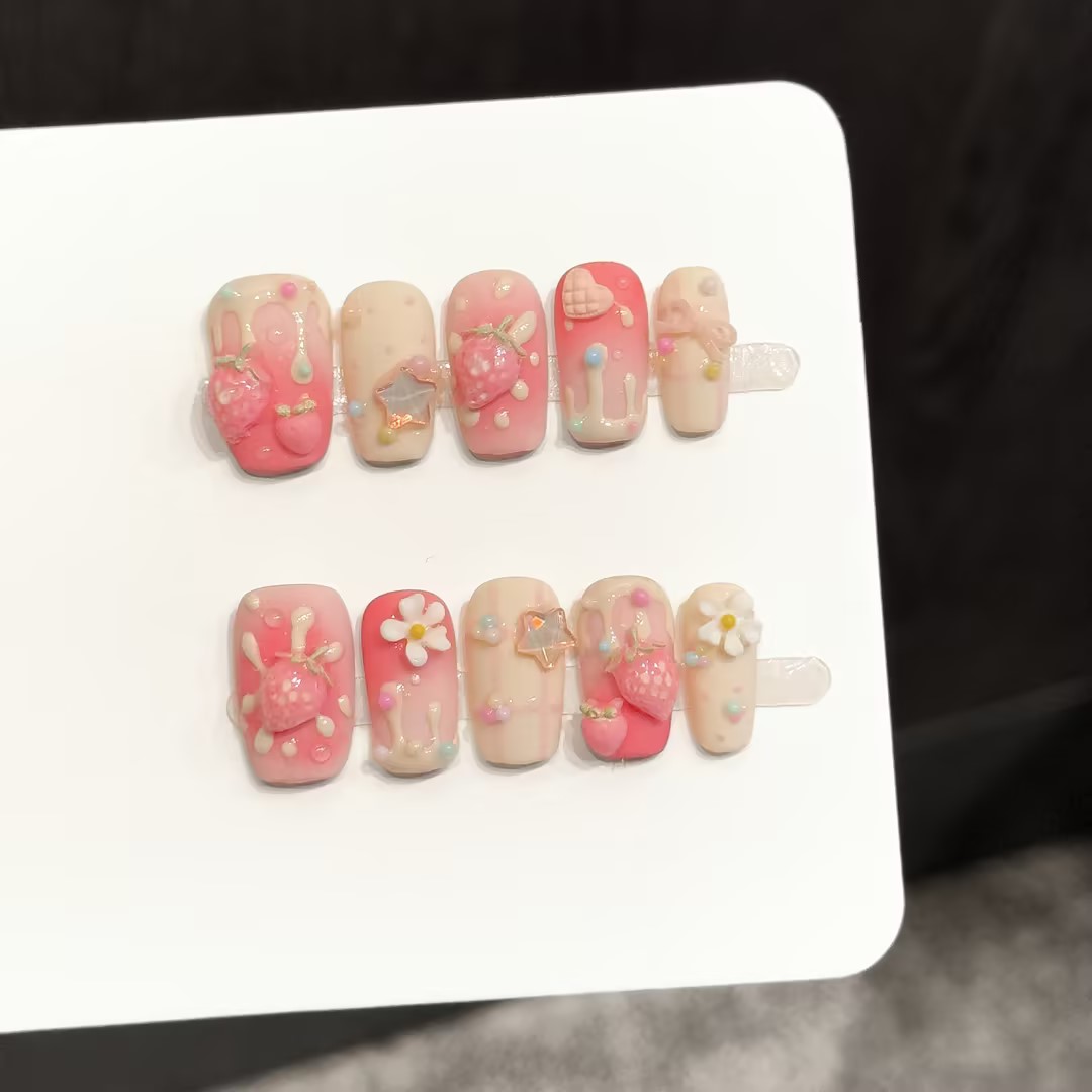 Pressed Flower Art - 10 Uñas Postizas Cuadradas Hechas a